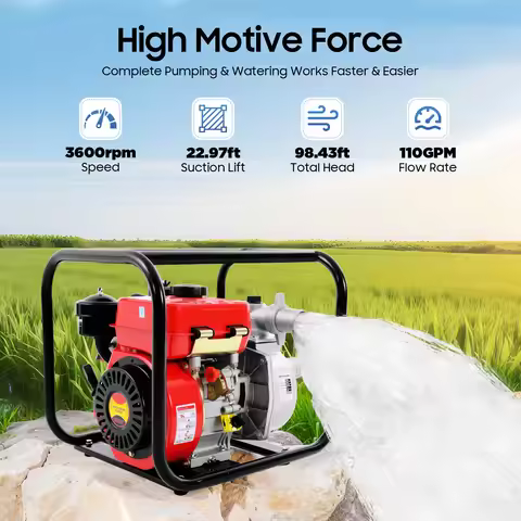 Red And Black Diesel Engine Water Pump(0.95Gal Fuel Tank&5H Run Time) - 24.61Ft Water Pipe&3 Pipe Cl