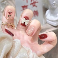 X159 Fake Nail Patch Detachable Wearable Nail Wine Red Rose Bow Big Red Manicure Patch Finished Prod