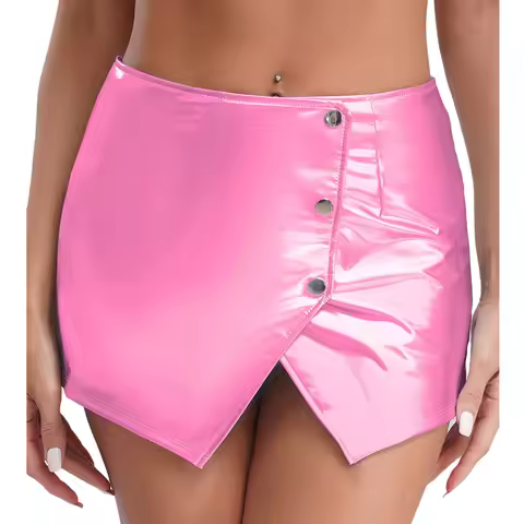 Women Glossy Front Split Mini Skirts Wet Look Rave Party Bodycon Skirt for Club Dance Nightclub Musi