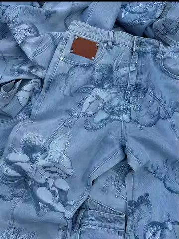 Y2K New Fashion Straight Pants Men Women Harajuku Retro Light Blue Jeans Streetwear Gothic Angel Gra