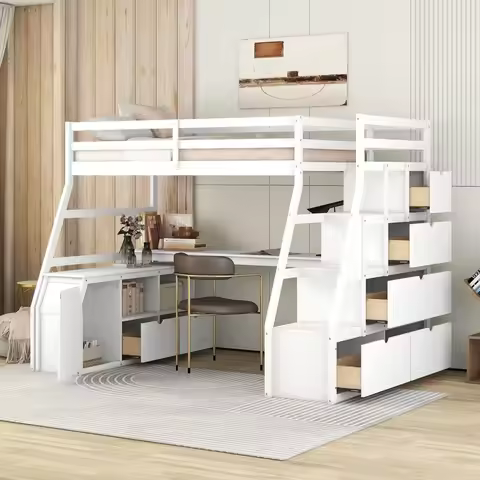 Twin Loft Bed. Twin Loft Bed with Stairs &Desk, Wood Loft Bed Frame with Storage Drawers and Cabinet