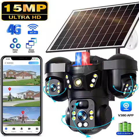 V380 Three Lens Three Screens 15MP 4G Solar Camera Outdoor WiFi 10X Digital Zoom Waterproof Auto Tra
