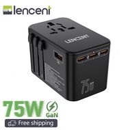 LENCENT 75W อะแดปเตอร์เดินทางสากล GaNที่ชาร์จความเร็วสูงนานาชาติพร้อม3 PD3.0ประเภท C + 2 QC4.0 USB A