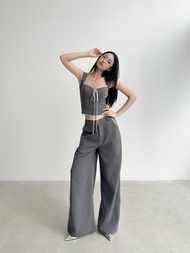 Quần Ống Suông Rộng Màu Xám Lưng Vừa Phối Ren Lưng và Túi - HOO DESIGN