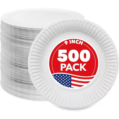 9-Inch Paper Plates Uncoated, Everyday Disposable Plates 9" Paper Plate Bulk, White, 500 Count