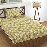 TIB 100% Cotton 78 x 36 Elastic Fitted Bedsheets Single Bed with 1 Pillow Cover, Pack of 2, Beige