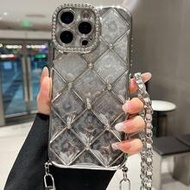 1pc Leather Chain Rhinestone Diamond Electroplated Leopard Print Shiny Sequin Soft Phone Case Compat