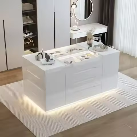 Modern White Bedroom Dresser & Display Cabinet PB/Glass 16-Drawer Glass Tabletop Island Wardrobe Clo