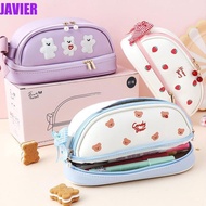 JAVIER Pencil Bag Portable PU Double-Layer Cherry Strawberry Large Capacity Pencil Cases