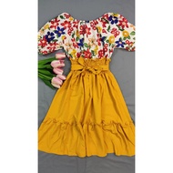 Women Fashion Vietnam Style Off Shoulder/Ship Collar 2 Tone Colour Floral Dress  女装一字/船领双色全身花裙