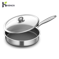 Konco 410 Stainless steel 28cm frying pan fried eggs steak pancake wok Honeycomb texture non stick skillet with glass lid stir-fry pans for gas and induction cooker 28cm