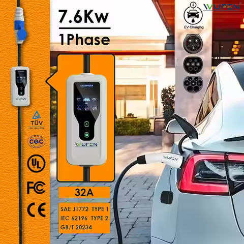 WUFEN GBT Portable EV Charger Wallbox Type2 Cable 32A 7.6KW CEE Plug EVSE Type1 Charging Box j1772 A