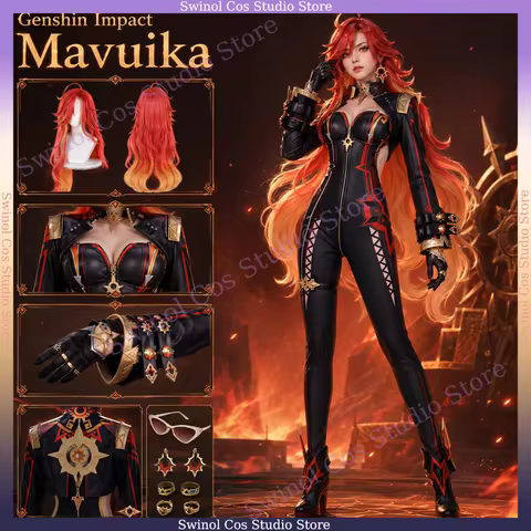 Genshin Impact Mavuika Cosplay Costume Pyro Archon Natlan Leather Jumpsuit Jacket with Orange Wig Su