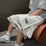腰果花短褲男裝 側排扣五分褲 潮牌嘻哈運動褲 假兩件拼接休閒褲- 白色 M