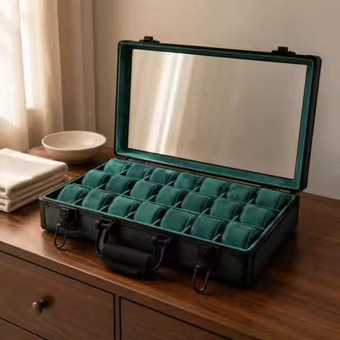 Watch Display Case 24-Slot Watch Case Storage Windowed Lid Metal Latches