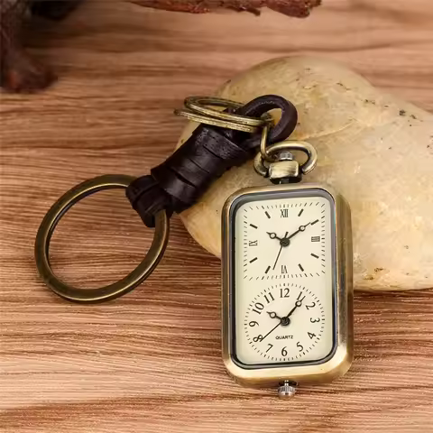 Old Fashion Dual Time Zone Clock Rectangle Shape Men Women Quartz Analog Pocket Watch Pendant Key Ri