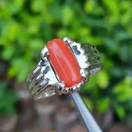 紅色珊瑚戒指男士天然馬里安石戒指 925 銀珊瑚寶石戒指