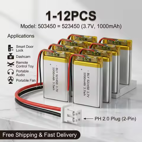 523450 503450 Rechargeable Li-ion Polymer Battery 3.7V 1000mAh Lipo Cell Replacement for Speaker GPS