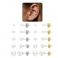 14K Gold Plated Polished Small Pearl Earrings Set, 20G Hypoallergenic Stainless Steel Earring Studs,