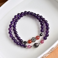 CaWaiiDaisy 紫水晶+紅寶石+南紅瑪瑙+黑太陽石雙圈純銀手鍊15.5CM