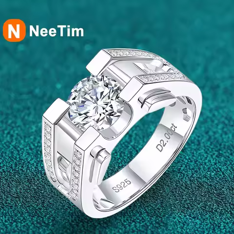NeeTim 1ct 2ct Moissanite Ring For Men 925 Sterling Silver with White Gold Plated Wedding Band Man R