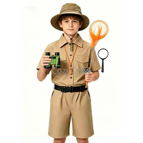 Jungle Adventurer Explorer Costume Set, Khaki Outdoor Safari Outfit Shirt Shorts Hat Belt, Complete 