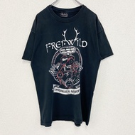 古著 FREI WILD 短袖印花T卹，復古引擎圖案，黑色，圓領，L碼