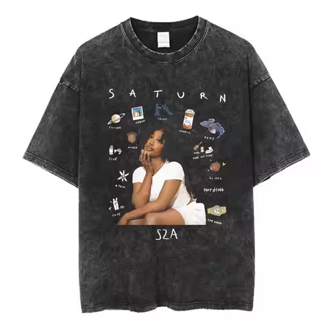 SZA 2024 Music Saturn Vintage Washed T Shirt Men Women Fashion Harajuku T-shirts Cotton Casual Overs