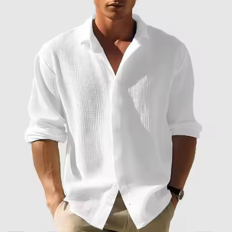 Men's Solid Color Small Waffle Pattern Long Sleeve Single-Button Casual Shirt for Autumn and Summer,