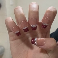Simple red Pearl French style handmade nail brightening short shape nail art