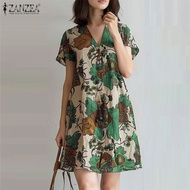 ZANZEA Womens Elegant V Neck Flore Printed A-Line Dresses Vintage Short Sleeve Mini Dresses #0805