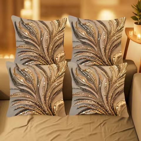 Shimmering Feather Pillow Covers 4pcs, 2D Flat Print Polyester Luxury Decor for Living Room Sofa and