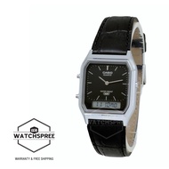 [Watchspree] Casio Analog-Digital Vintage Style Square Dial Dual Time Black Leather Strap Watch AQ23
