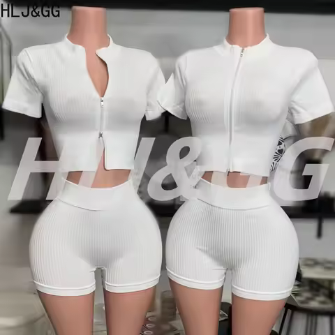 HLJ&GG High Quality Casual Bodycon Woman 2 Piece Set Outfit Solid Color Short Sleeve Tank Tops + Sho