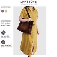 LAHSTORE linen dress with shirt collar short sleeve youthful loose waistband DS12 (Yellow, Purple)