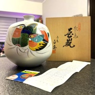 v00812HV 日本 九谷燒 朝倉勝正作（號 白舟）手繪 銀彩 鴛鴦 交趾釉 大花瓶 花器 擺件