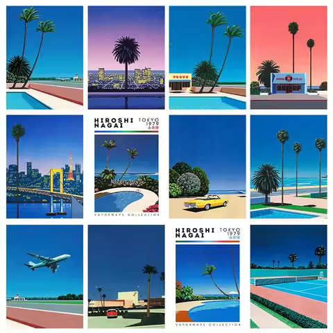 Hiroshi Nagai Vaporwave Japan Beach City Summer Canvas Print Lawn Landscape Wall Art Poster for Nord