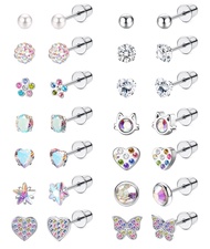LOYALLOOK 14Pairs Hypoallergenic Screwback Earrings for Women Tiny CZ Pearl Ball Heart Flower Screw 