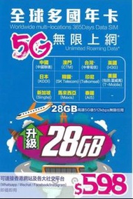 2張起$140🌟包平郵🌟 全球多國年卡5G無限上網28 GB後限速 🪭全球多國年卡無限上網5G後限速其後512bps🪭