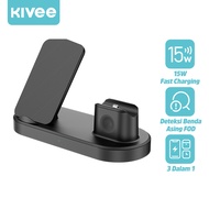 KIVEE 3 in 1 Charger Wireless Fast Charging 15W Qi Fast Charger Stand Dock Simultan untuk Mengisi Ponsel/Jam Tangan/Headset For ip Samsung Xiaomi Huawei vivo Android Headphone Jam Tangan Hitam