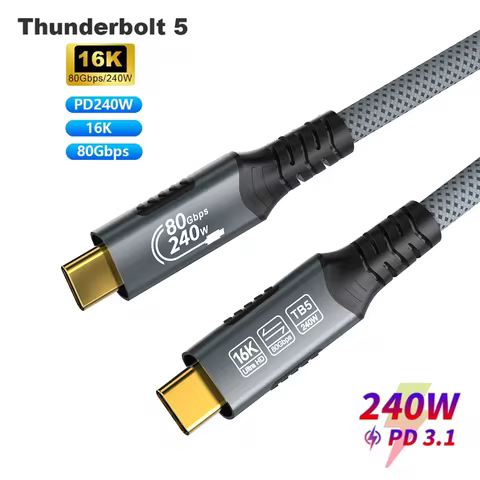 16K Type C for Thunderbolt 5 Cable 80Gbps USB4 GEN4 USB C to C 240W Charge Cable Compatible Thunderb