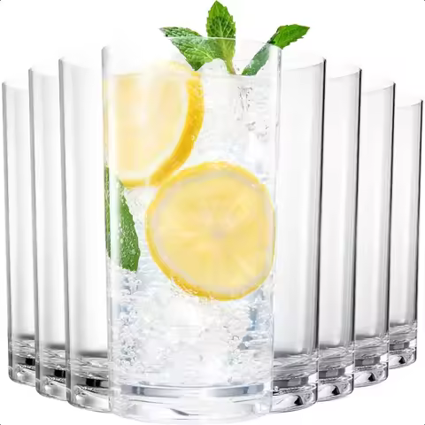 Acrylic Classic Clear Plastic Reusable Drinking Glasses Set of 8 Restaurant Cups Style 16oz Unbreaka