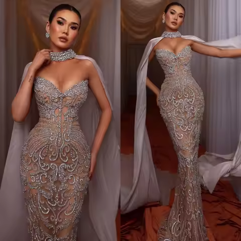 See Through Wedding Dresses Rhinestone Beading Bridal Gowns with Cape Strapless Illusion Mermaid Cus