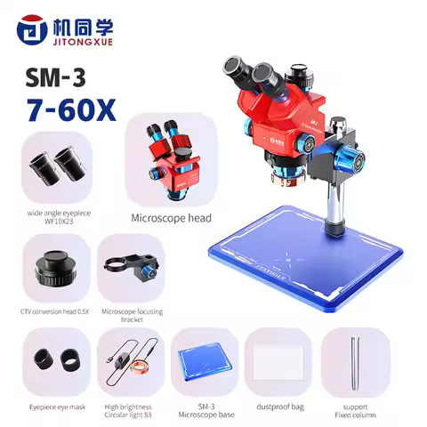 JTX SM-3 Trinocular Stereo Microscope 7-60X Zoom with LED Light for PCB Repair Phone Maintenance and