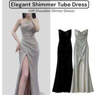 【E Full House】Elegant Shimmer Draped Tube Dress | Shiny Fabric Party Gown |Glamorous Long Dress for 