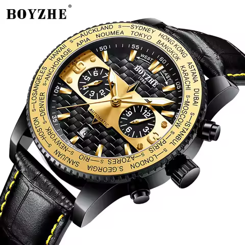 BOYZHE Brand Luxury Watches For Men Leather Waterproof Date Week Mechanical Watch Waterproof Luminou