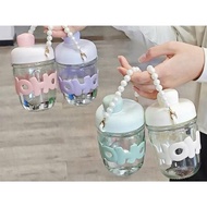 HOHO Glass Cup with Colored Lid 350ml with cute straw