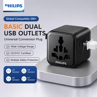 Philips Universal Travel Adapter SPN1213B Dual AC Side Socket, 2500W Max 10A, Retractable Plug, Inte