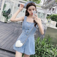 Sling Jumpsuit Summer Shorts Korean Version Sleeveless Straight Slimmer Look High Waist Wide Leg Denim Jumpsuit Women