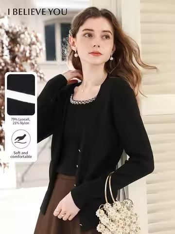 I BELIEVE YOU Women's Black Fake Two-piece Cardigan 2025 Autumn Lyocell Sweater Handmade Nail Drill 